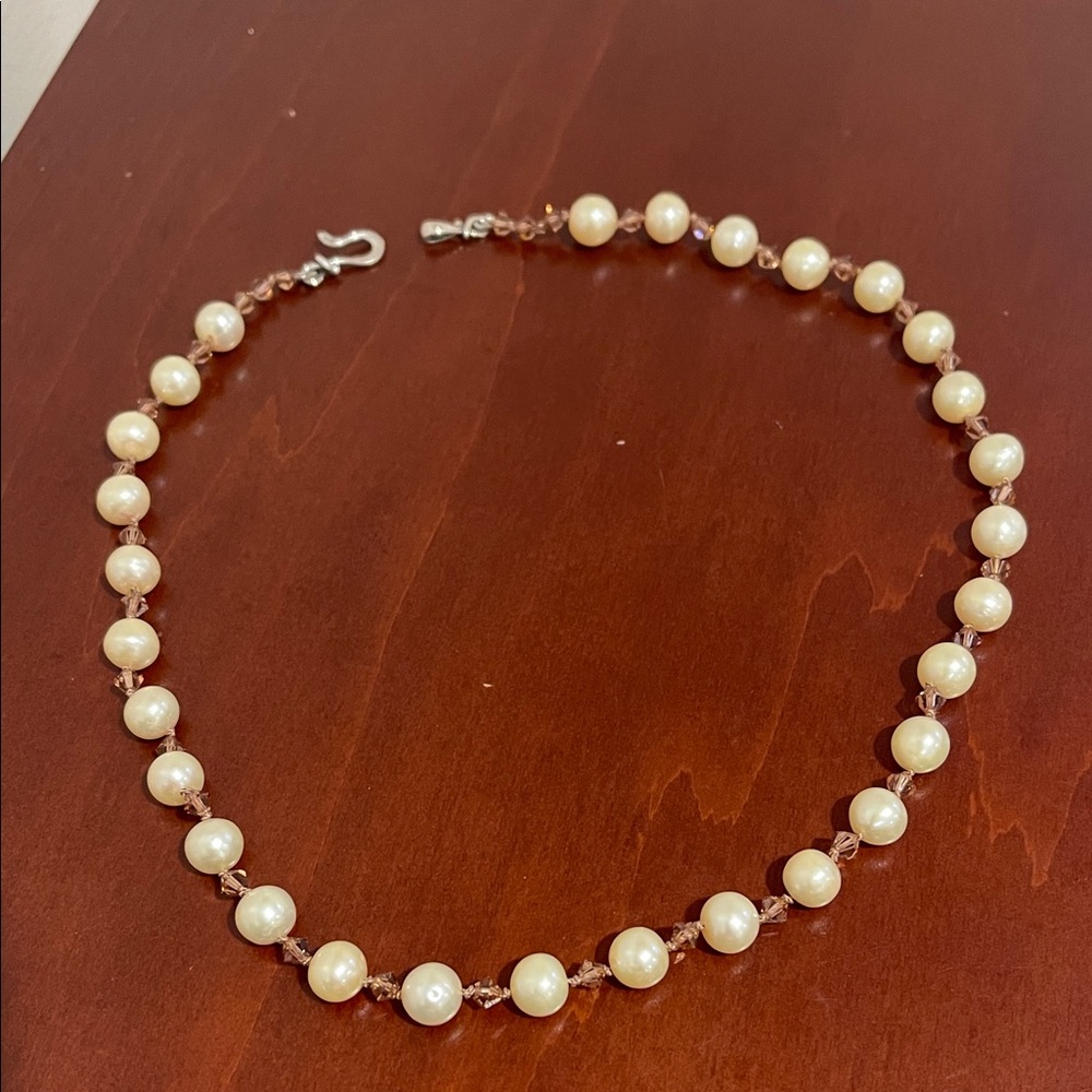 Freshwater Pearl, Swarovski Crystal, & Sterling Silver Artisan Necklace - 18” - Picture 2 of 8